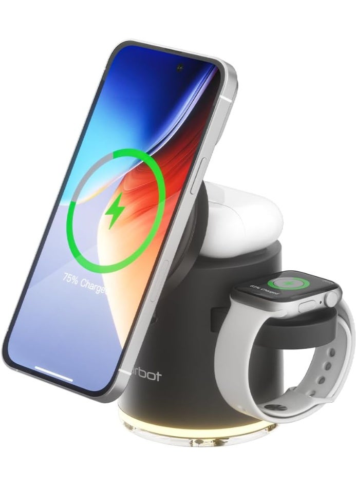 Airbot محطة شحن لاسلكية 4 في 1، شاحن مغناطيسي قابل للطي بقوة 15 واط مع ضوء حلقي ناعم، شاحن لاسلكي سريع لهواتف آيفون، ساعة آبل، هواتف سامسونج - Image 1